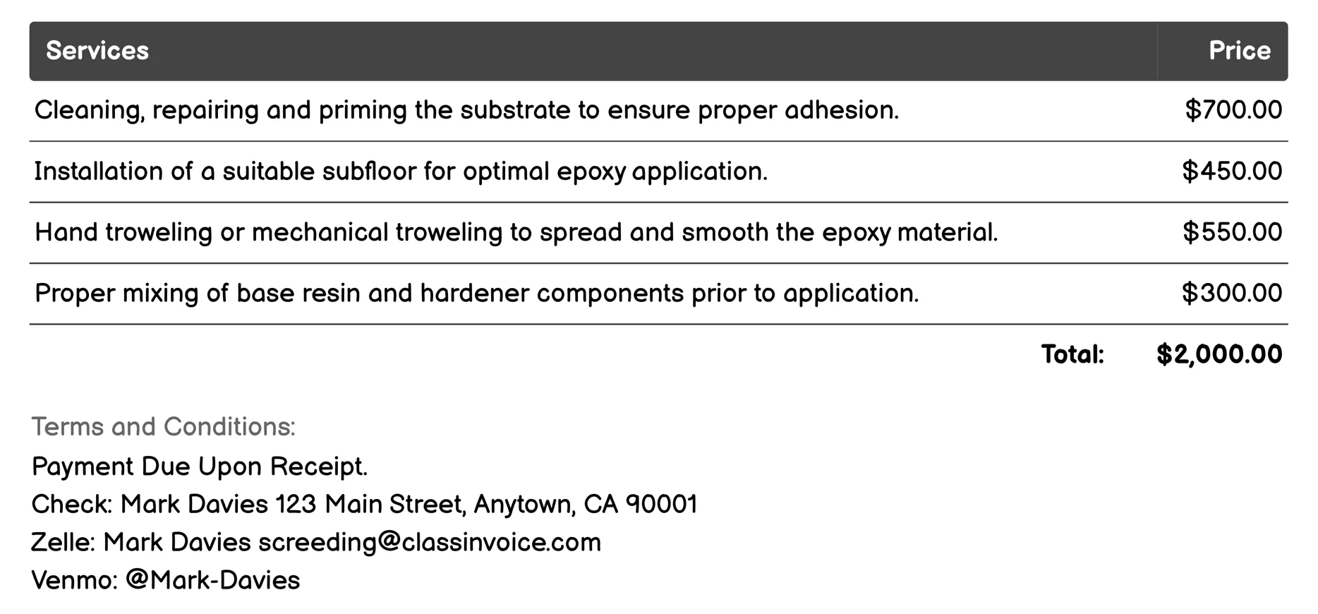 Epoxy Screeding Invoice Example