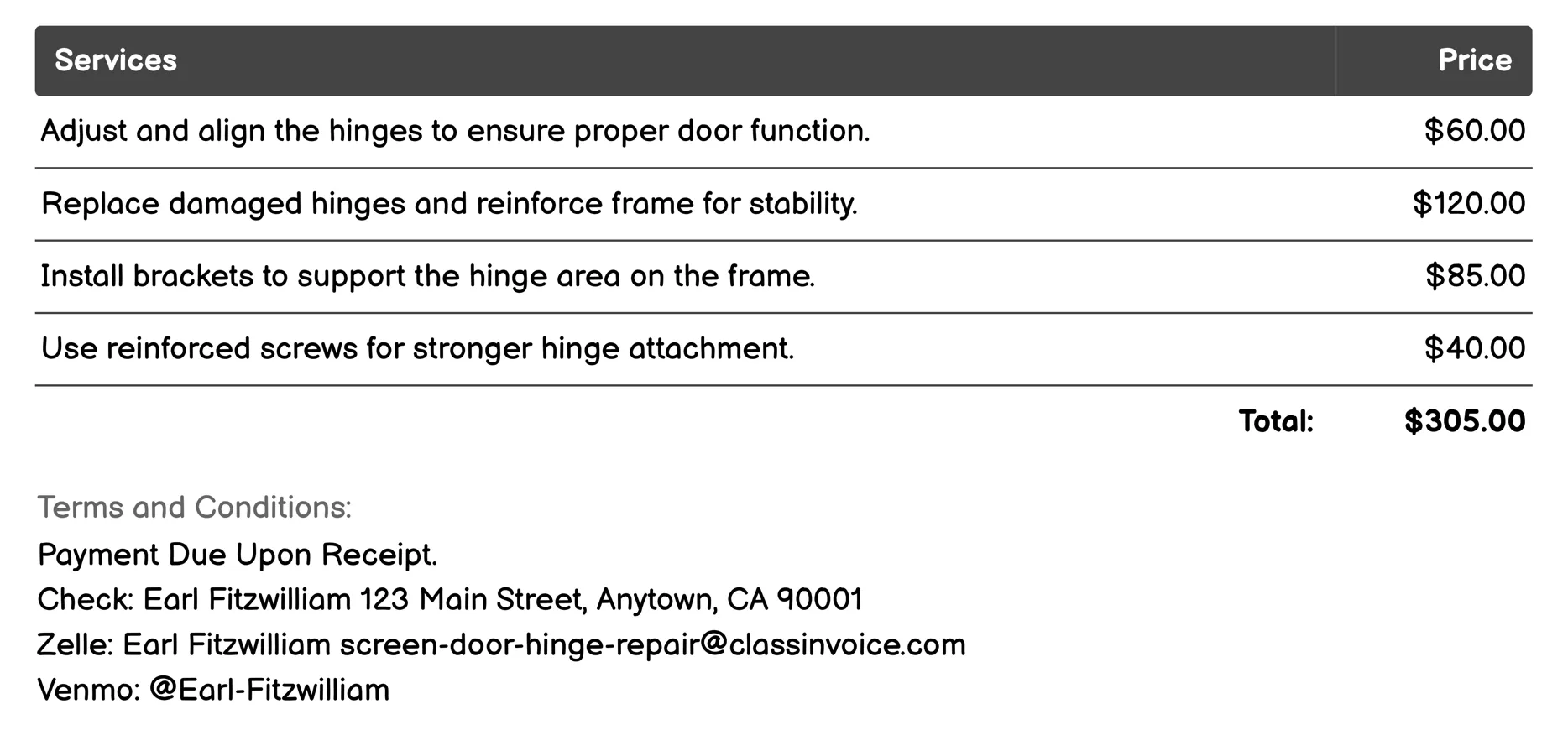 Frame Reinforcement Invoice Example