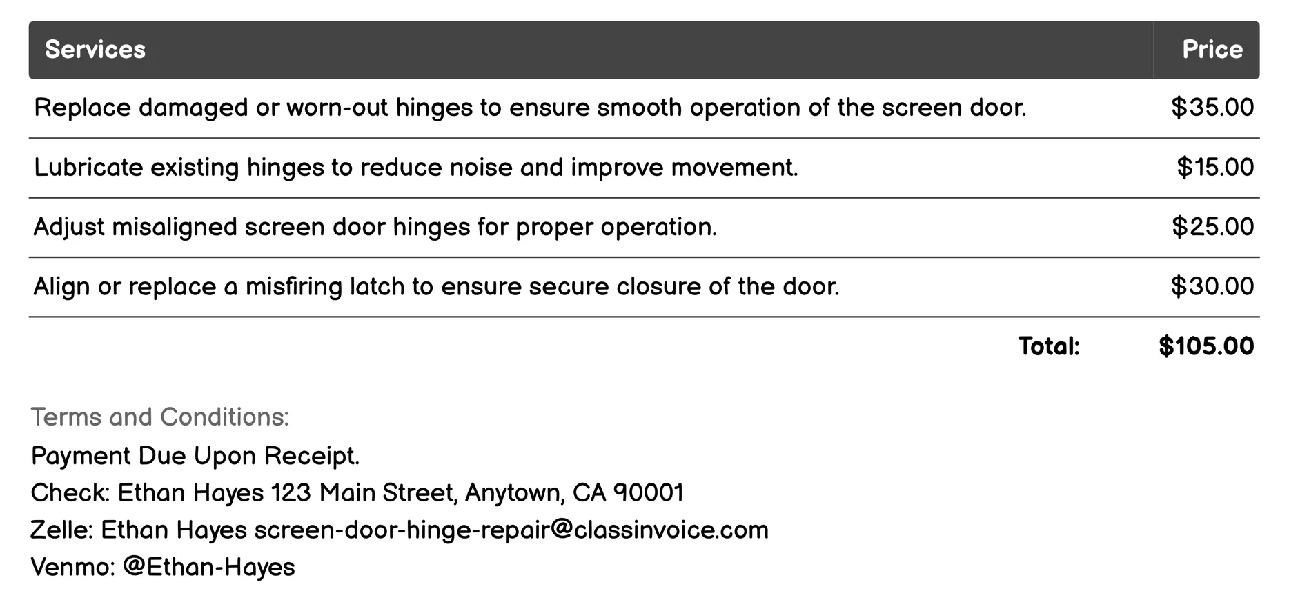 Latch Repair Invoice Example