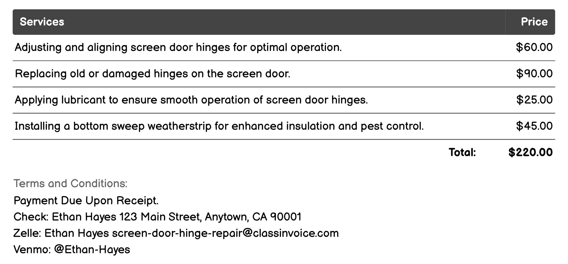 Weatherstripping Installation Invoice Example