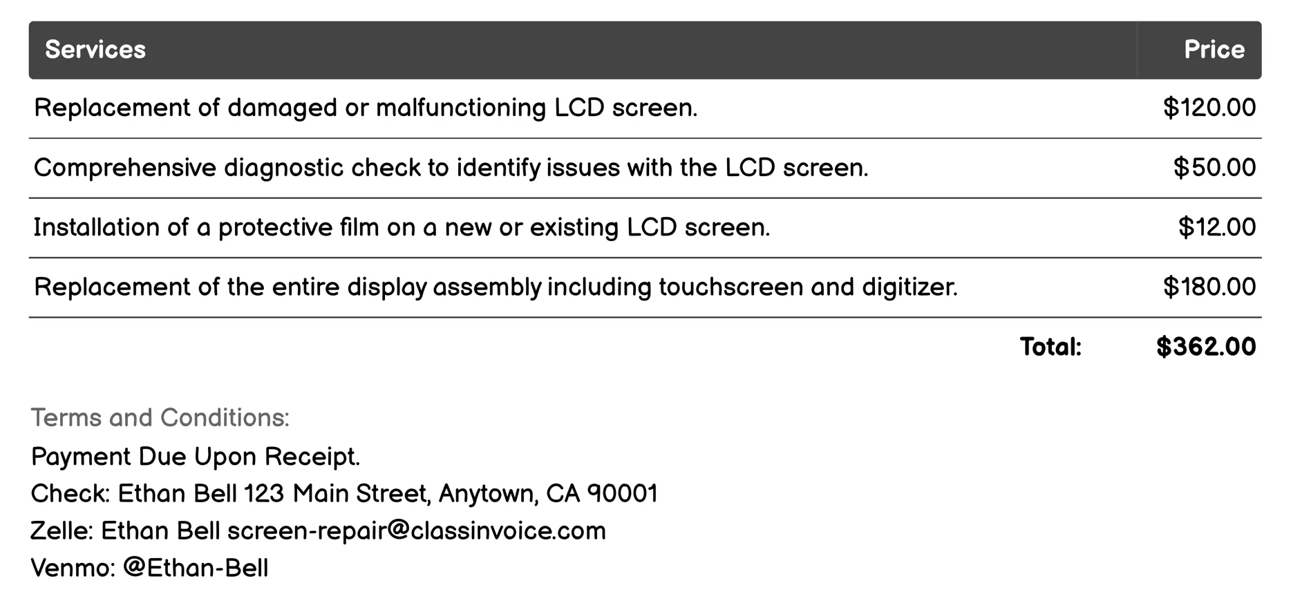 LCD Screen Replacement Invoice Example