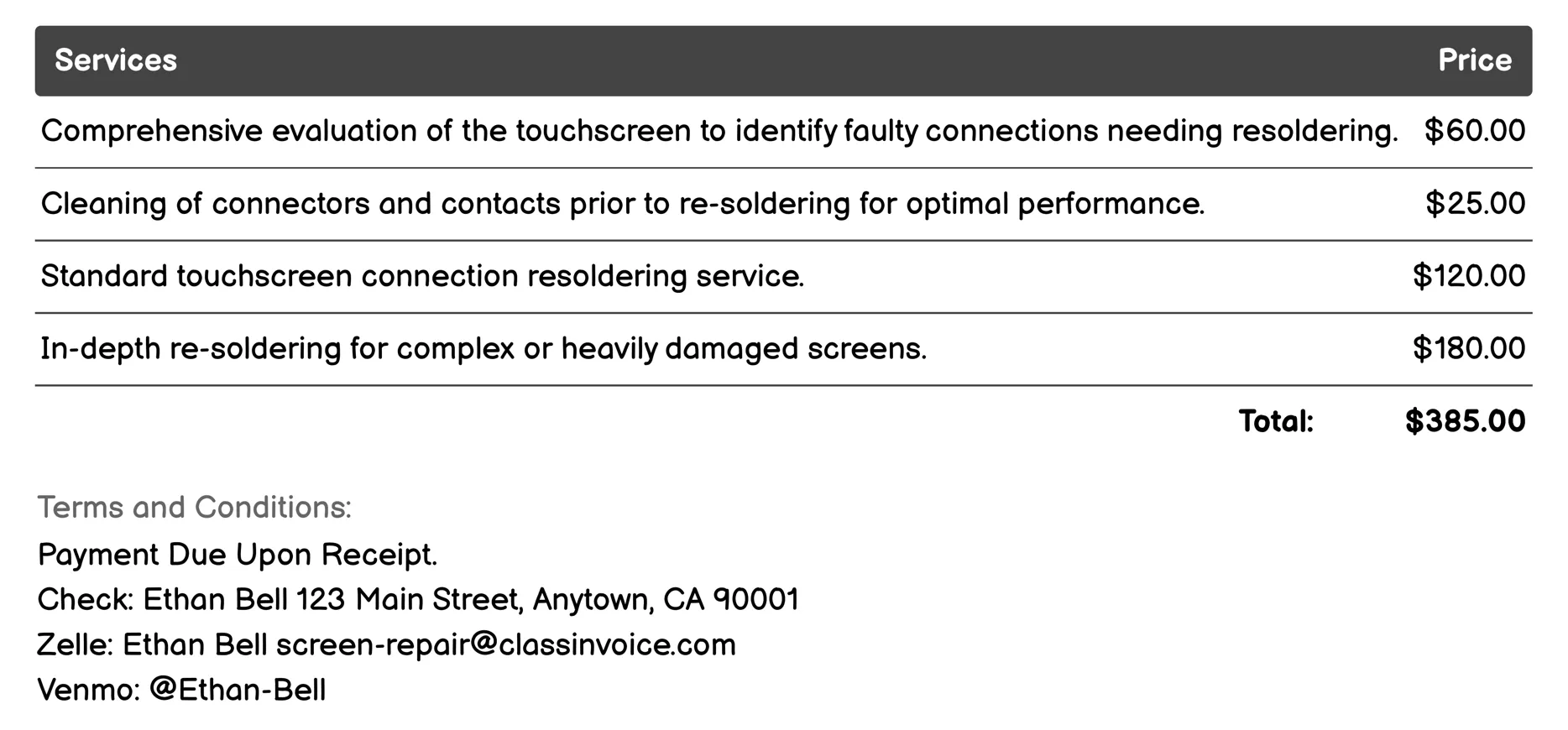 Touchscreen Re-soldering Invoice Example
