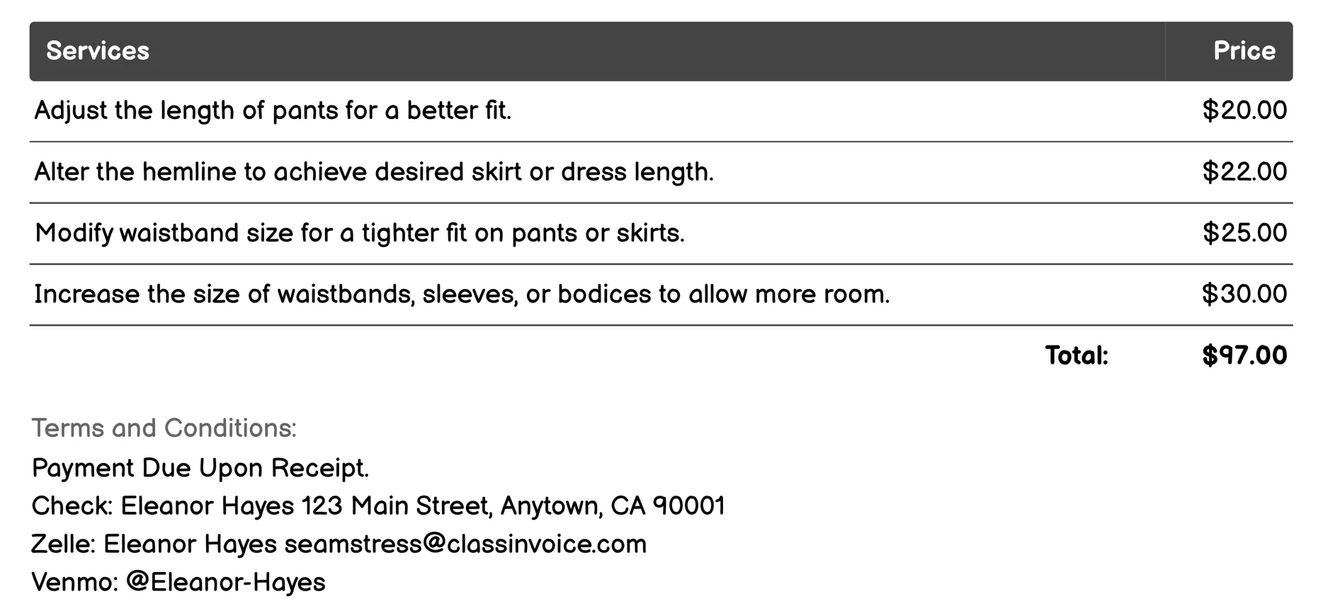 Alterations Invoice Example