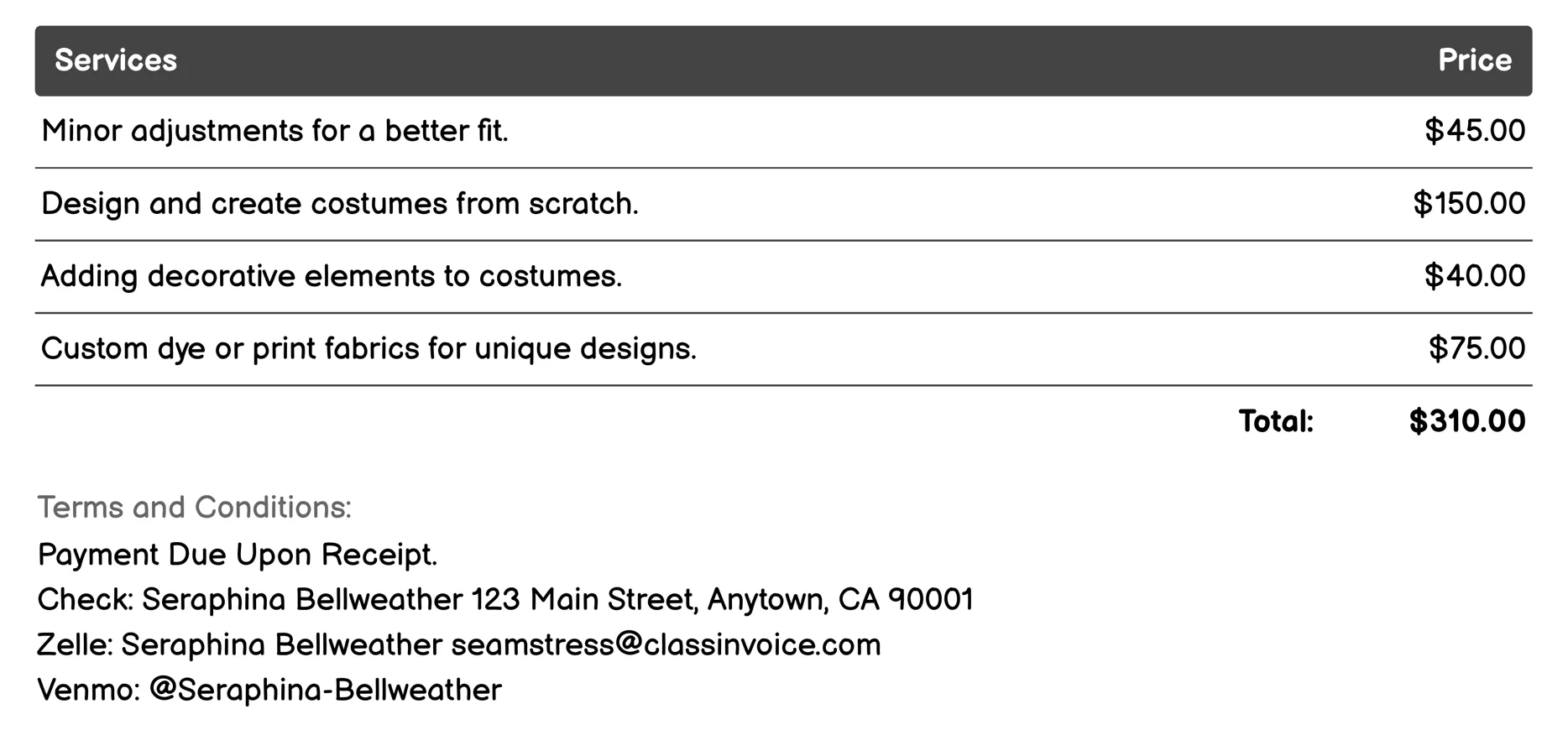 Costume Design Invoice Example