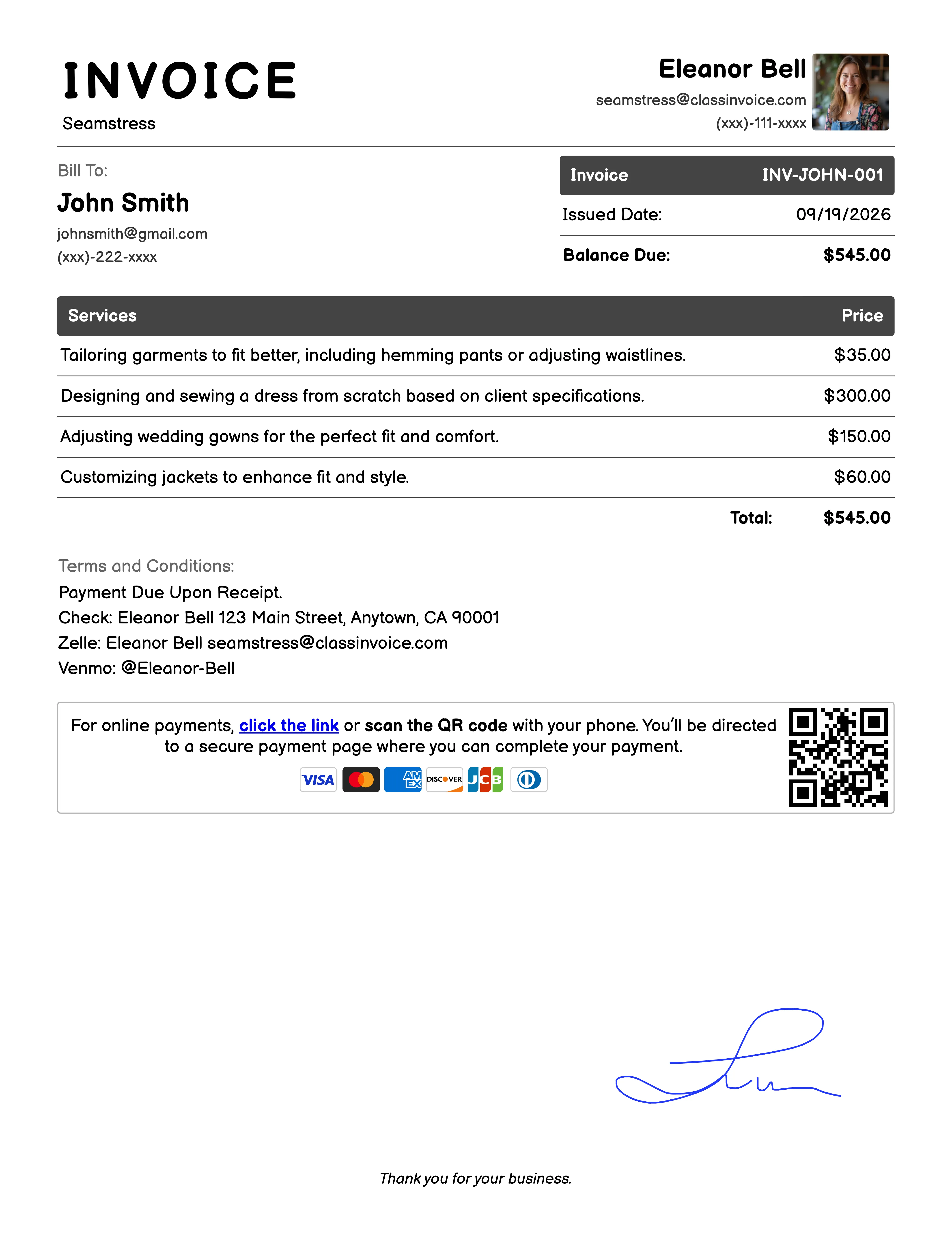 Seamstress Invoice Example