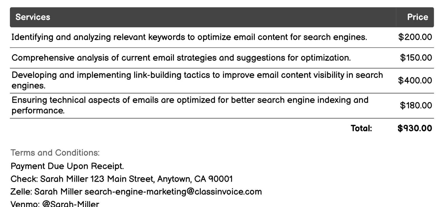 Email Marketing Invoice Example