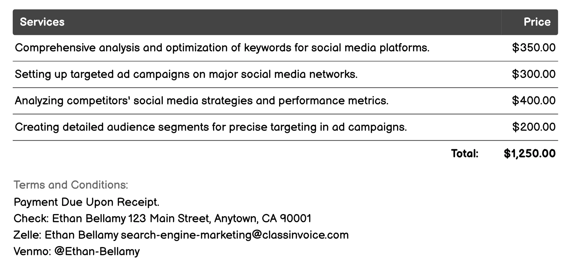 Social Media Advertising Invoice Example
