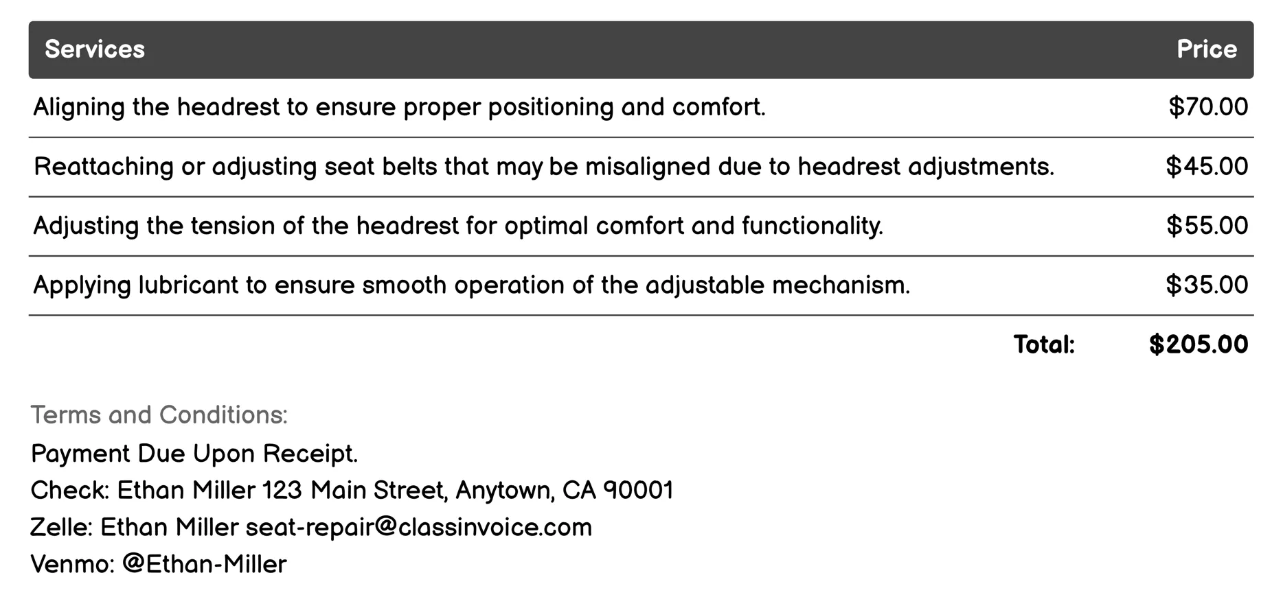 Headrest Alignment Service Invoice Example