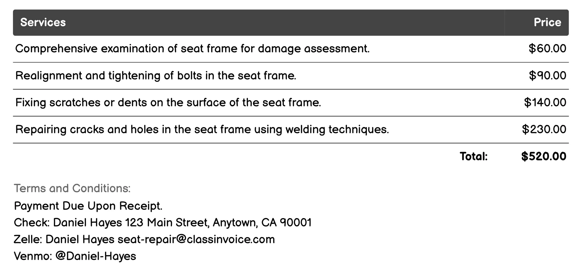 Seat Frame Repair Invoice Example