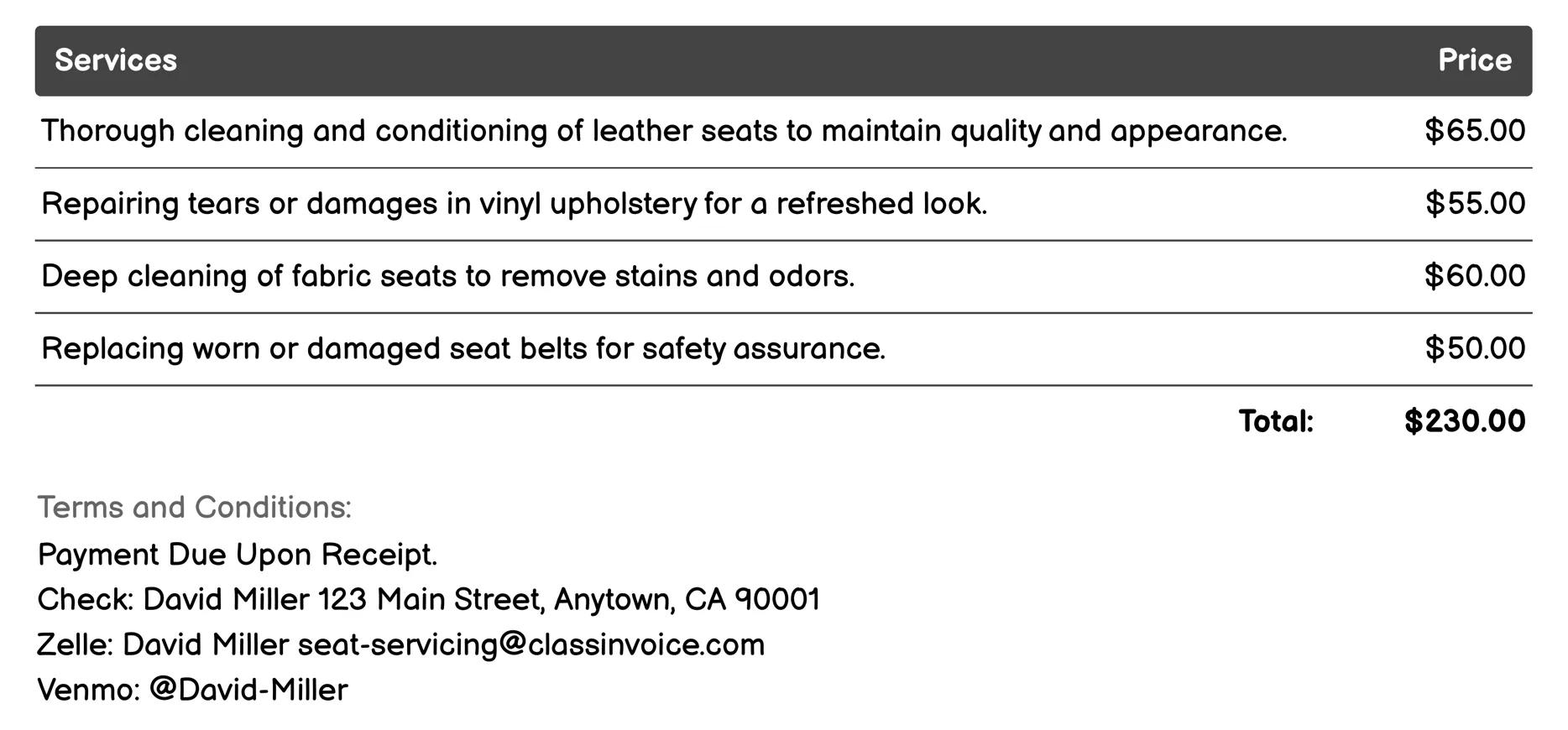 Repair Services Invoice Example