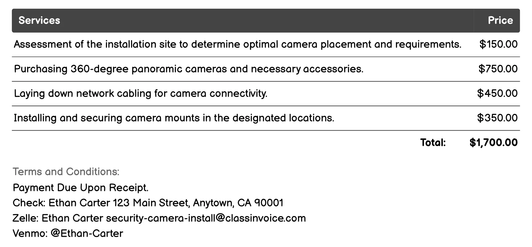 360-Degree Panoramic Camera Setup Invoice Example