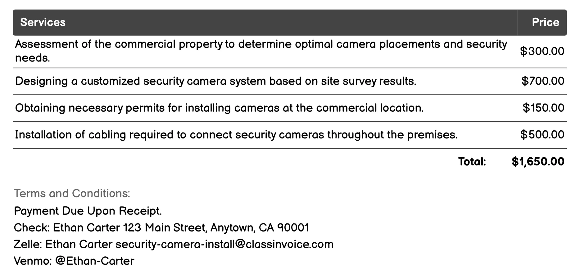 Commercial Security Camera Installation Invoice Example
