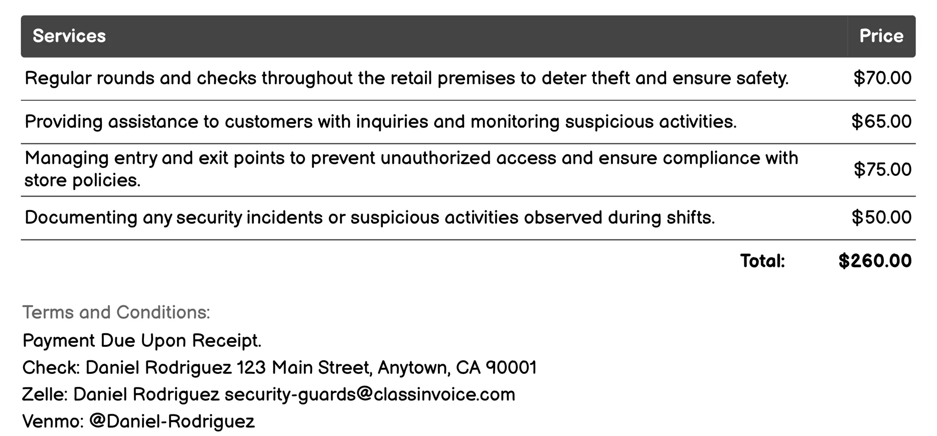 Retail Security Invoice Example