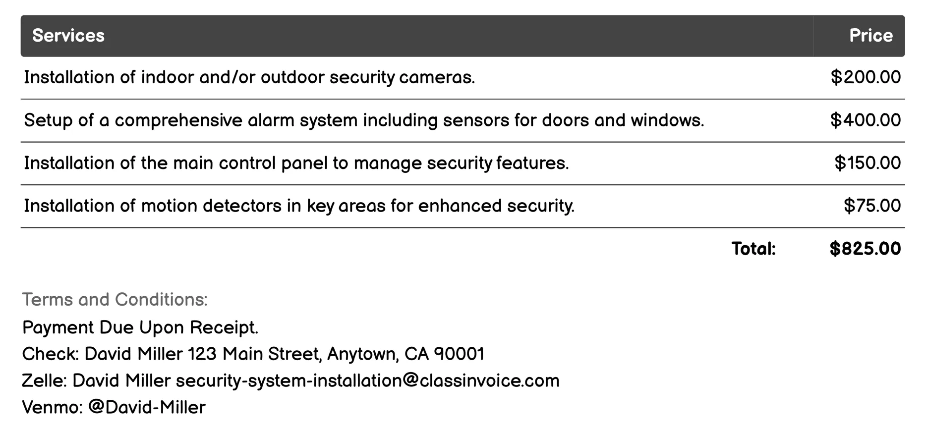 Residential Security System Invoice Example