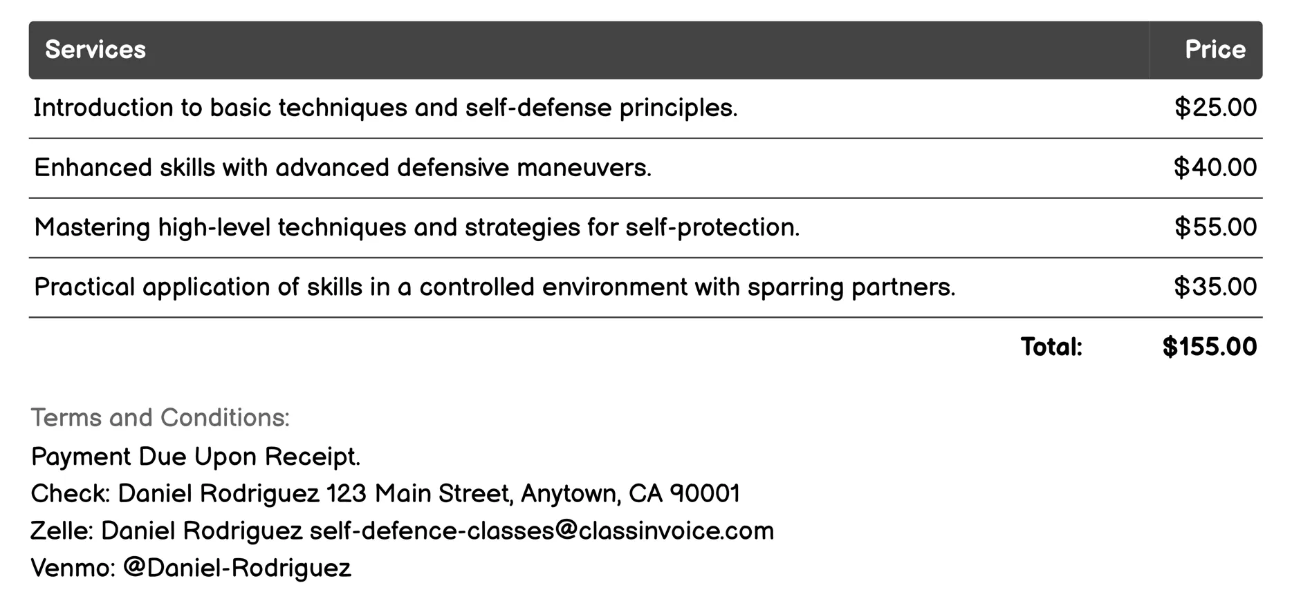 Taekwondo Invoice Example