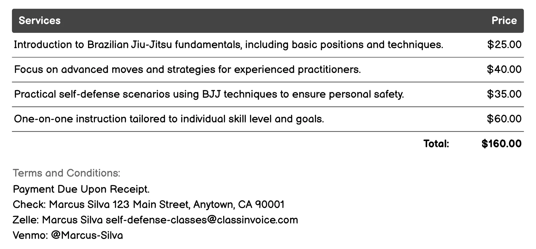 Brazilian Jiu-Jitsu (BJJ) Training Invoice Example