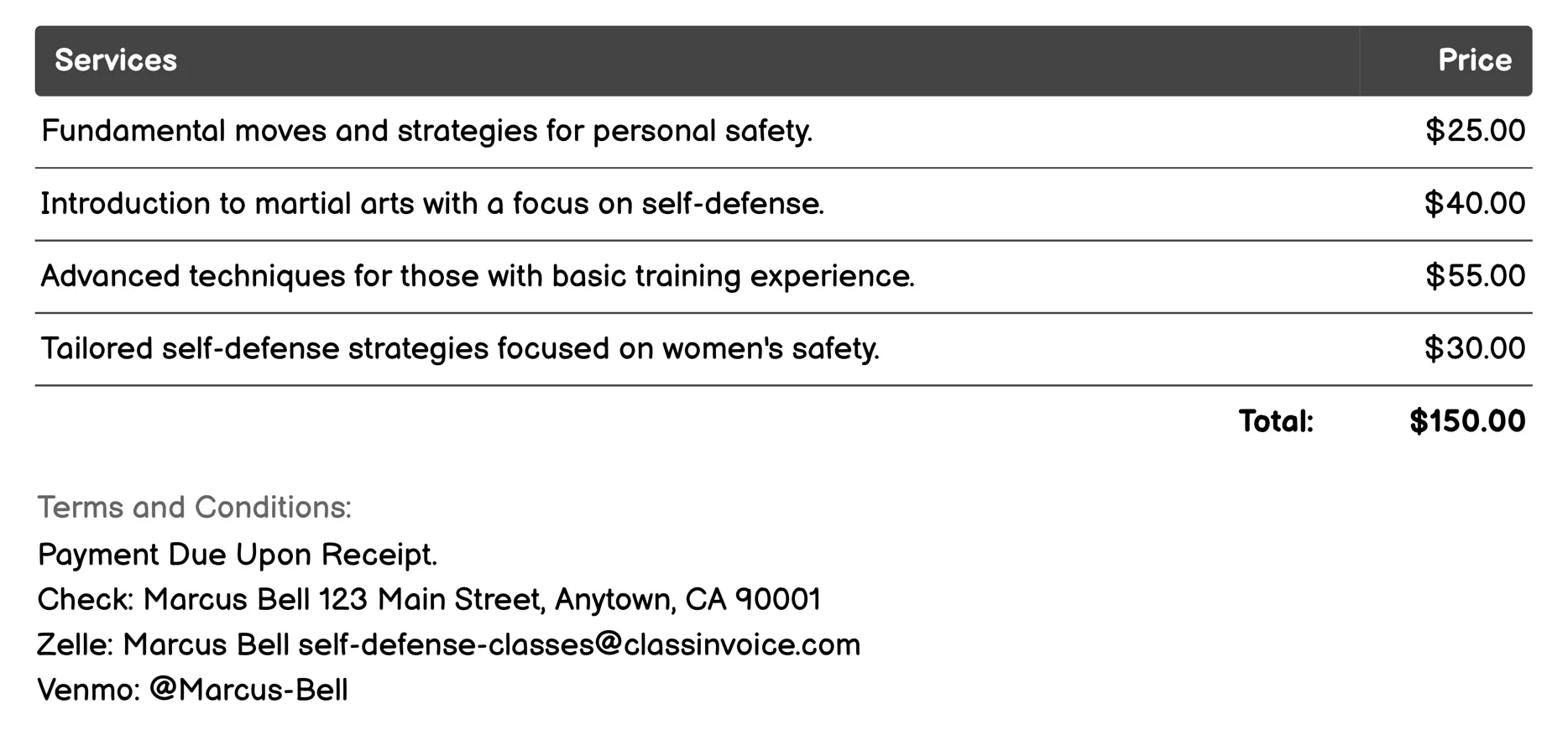 Martial Arts Training Invoice Example