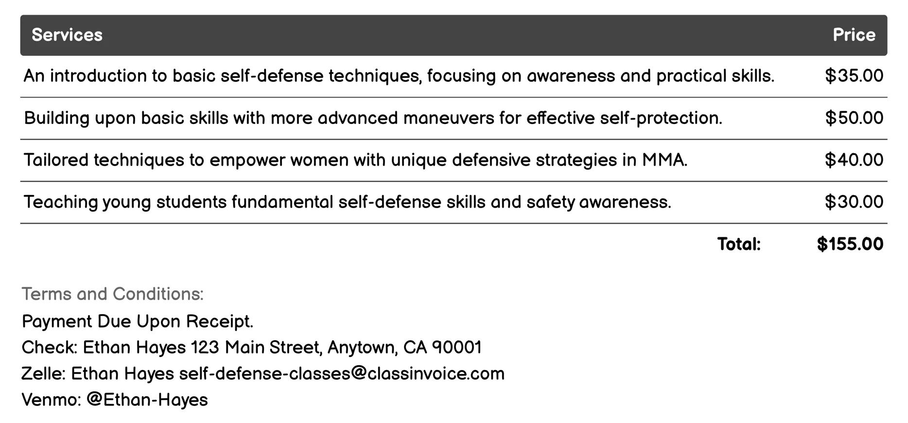 Mixed Martial Arts (MMA) Training Invoice Example