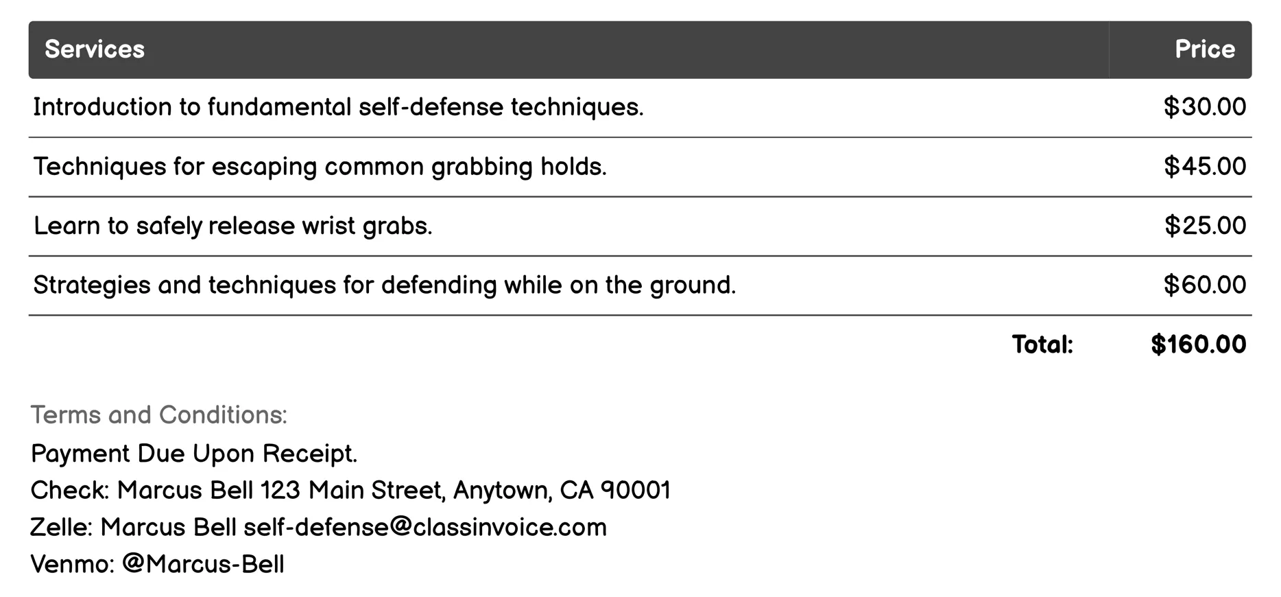 Escape Techniques Classes Invoice Example