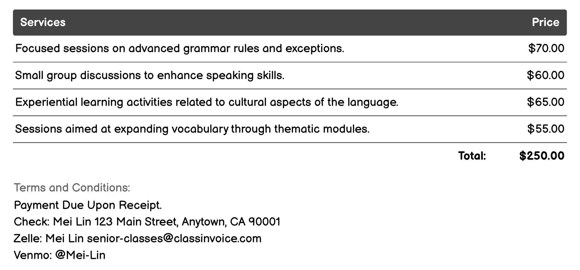 Language Learning Invoice Example