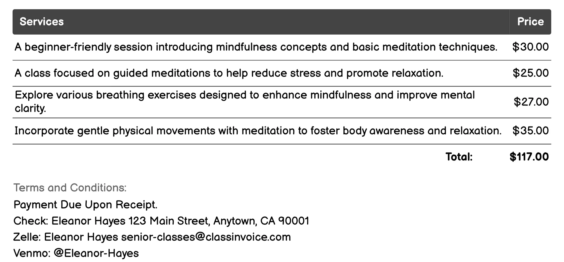 Mindfulness and Meditation Invoice Example