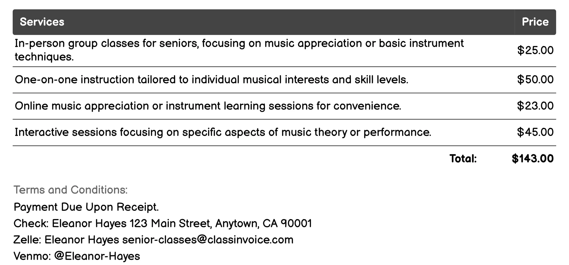 Music Appreciation or Instrument Learning Invoice Example