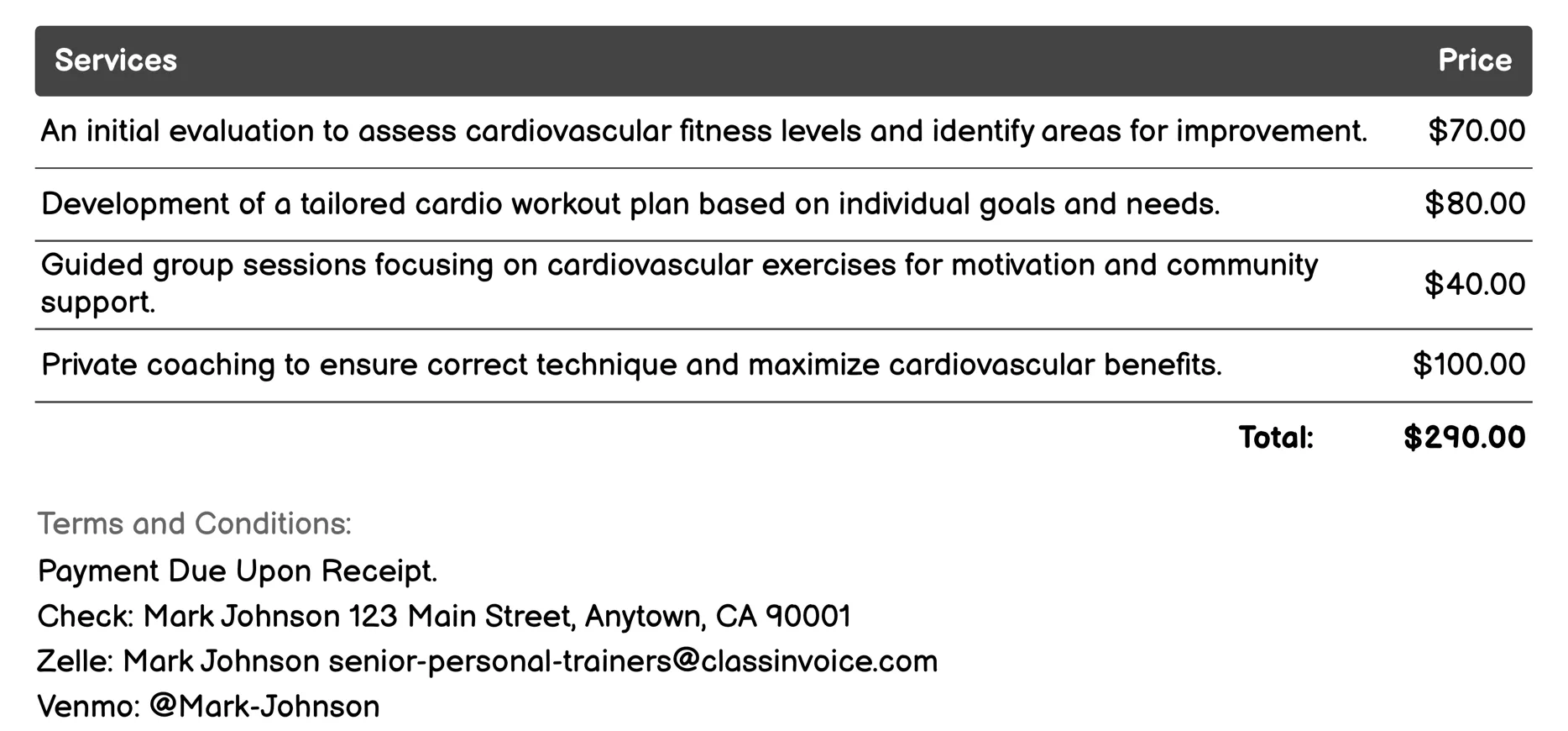 Cardiovascular Fitness Invoice Example