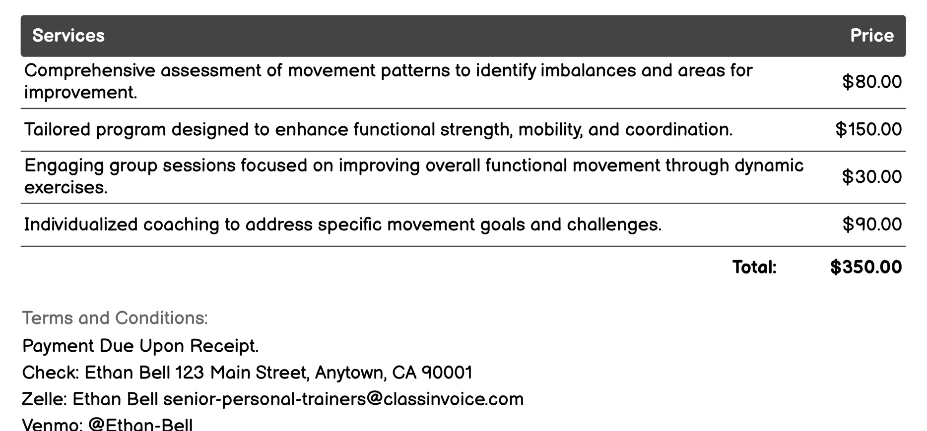 Functional Movement Training Invoice Example