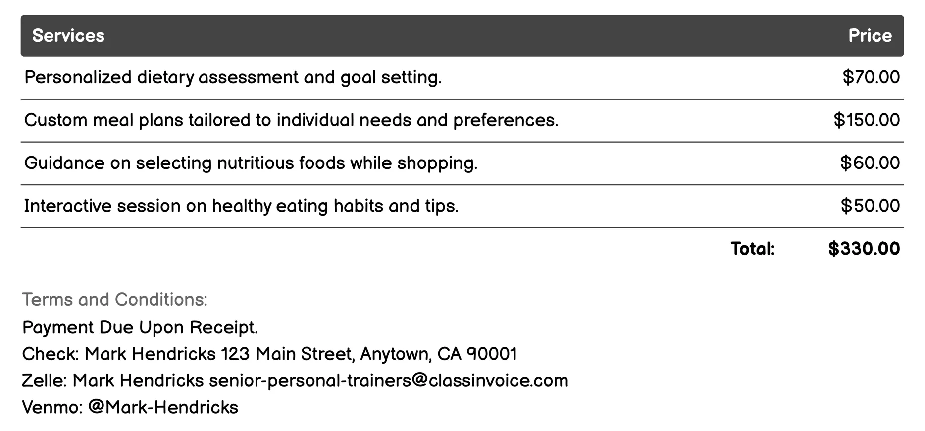 Nutritional Guidance Invoice Example
