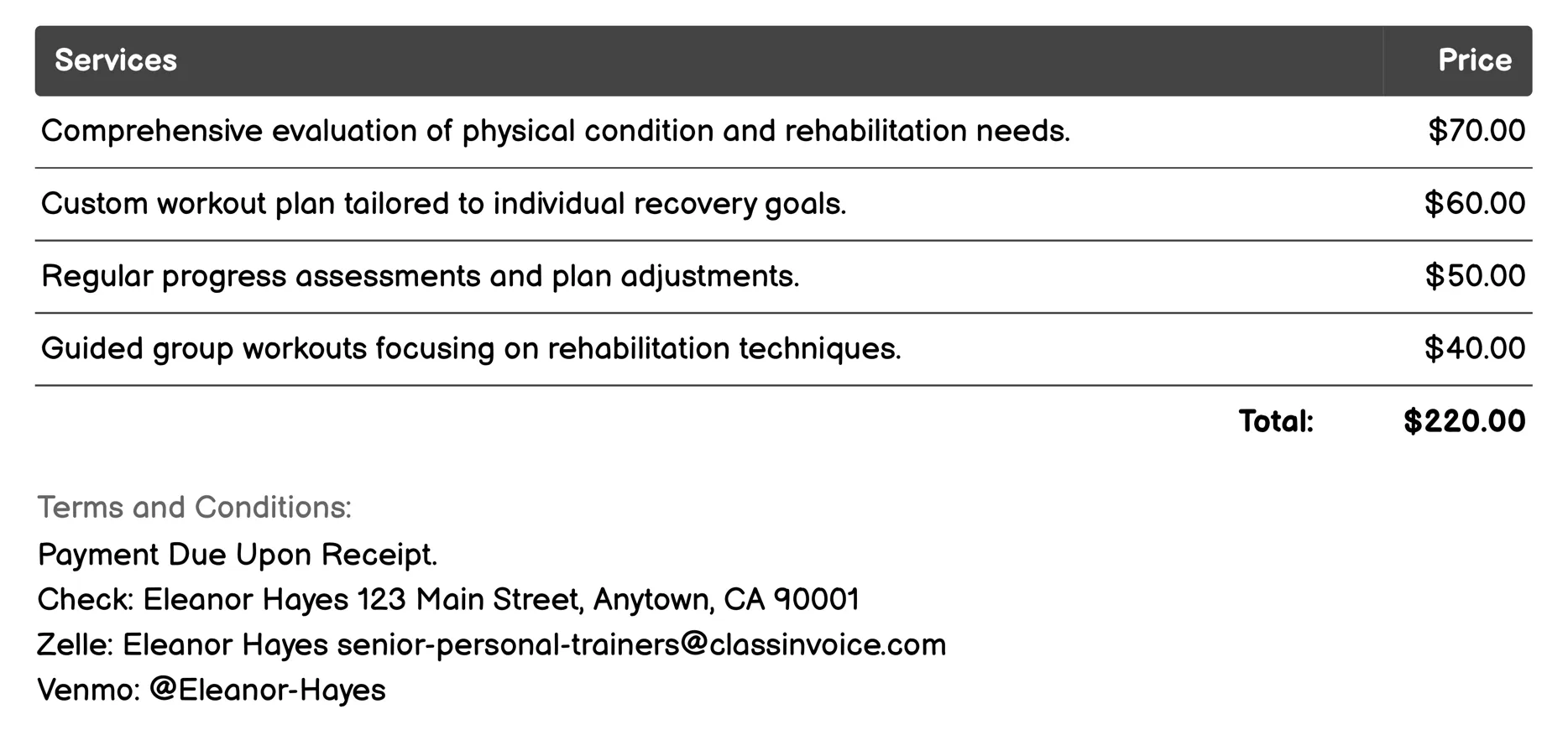 Rehabilitation Exercises Invoice Example