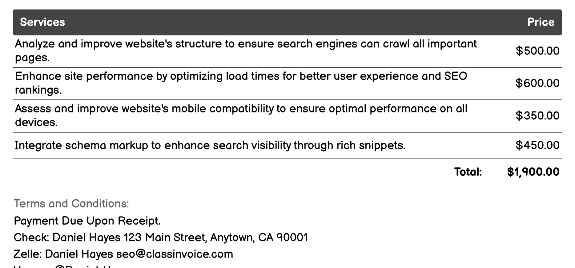 Technical SEO Invoice Example