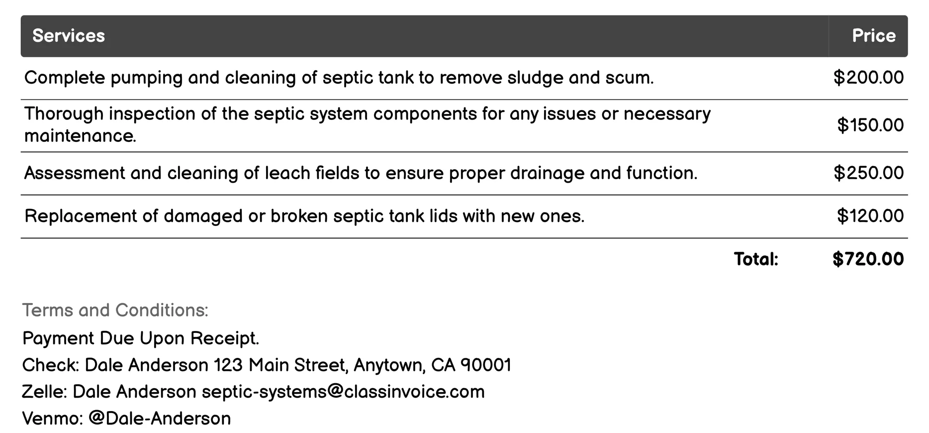 Pumping & Sludge Removal Invoice Example