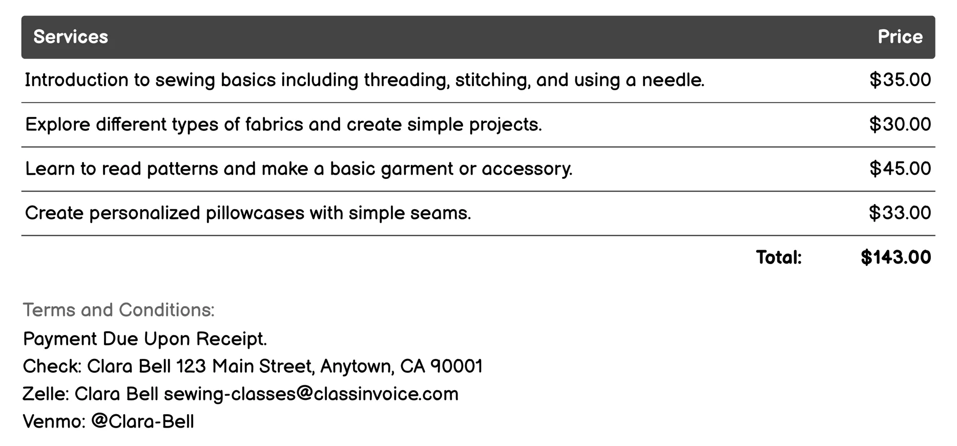 Children's Sewing Classes Invoice Example
