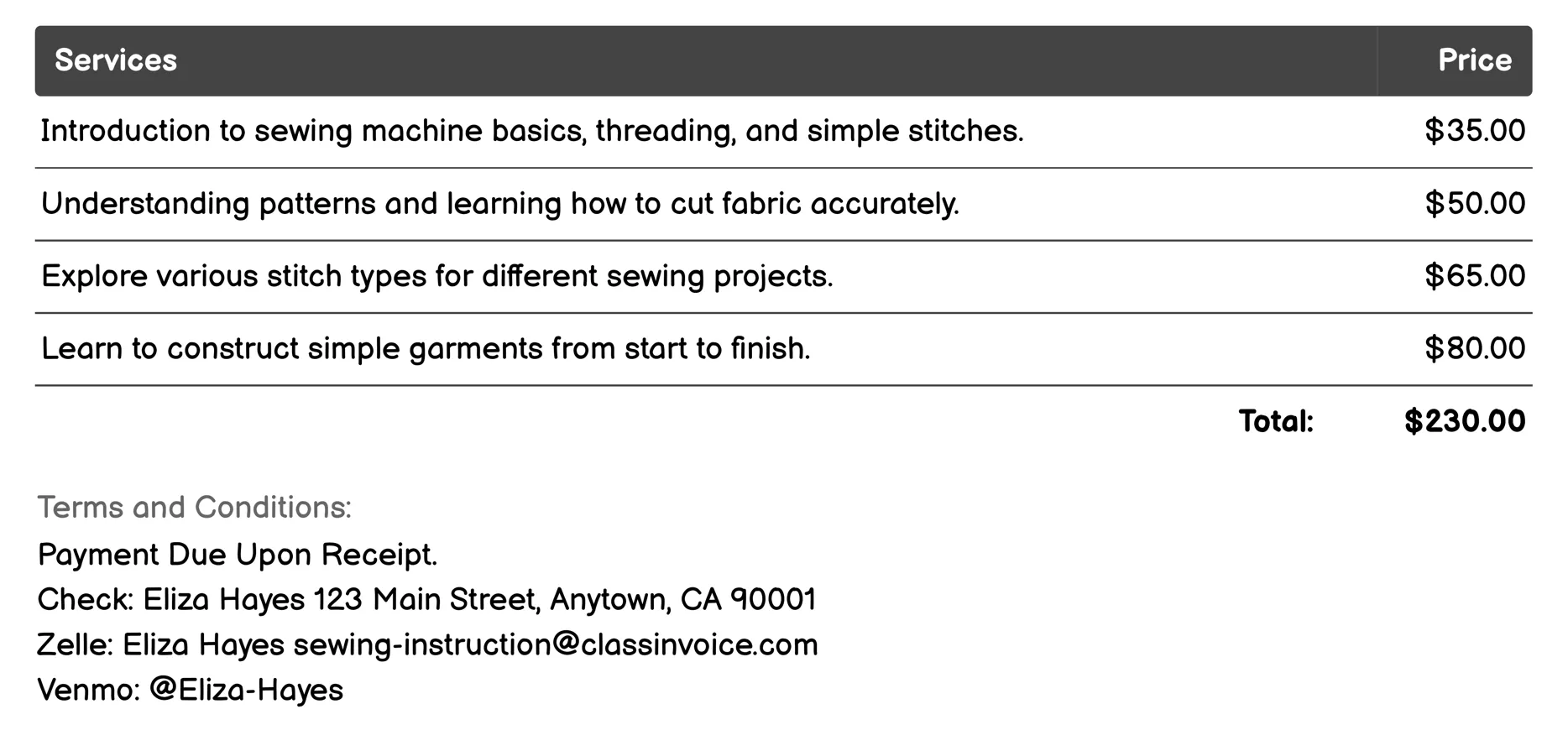 Sewing Machine Operation Classes Invoice Example
