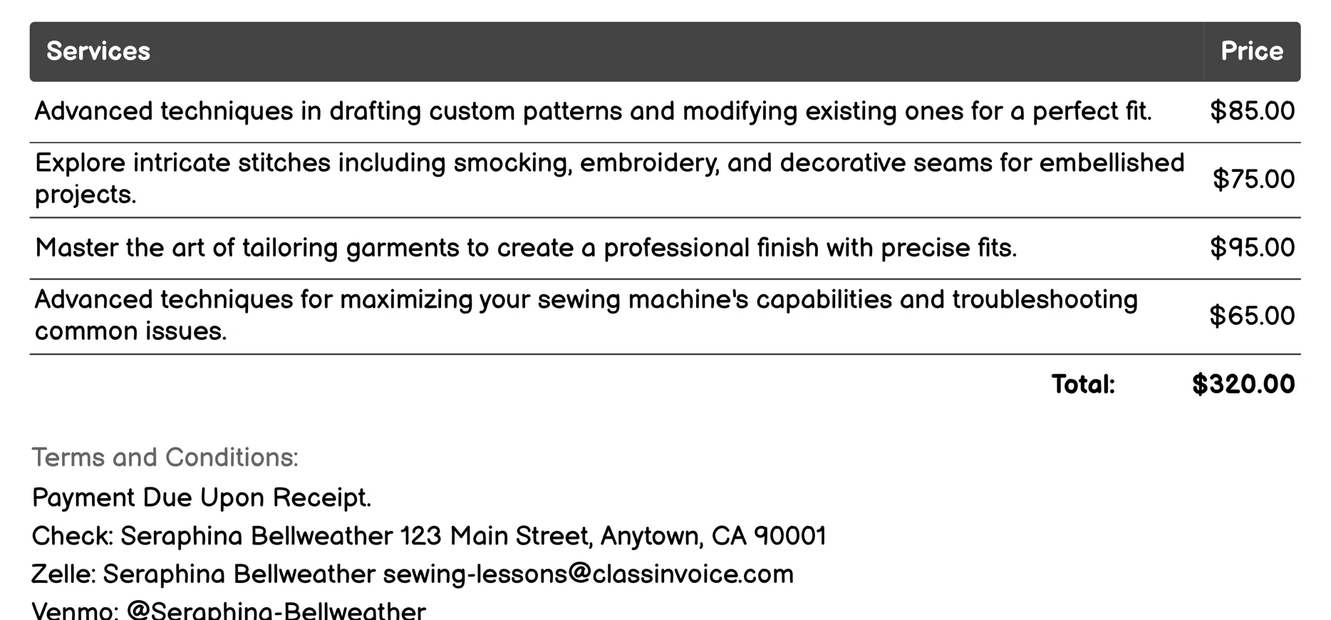 Advanced Sewing Techniques Invoice Example