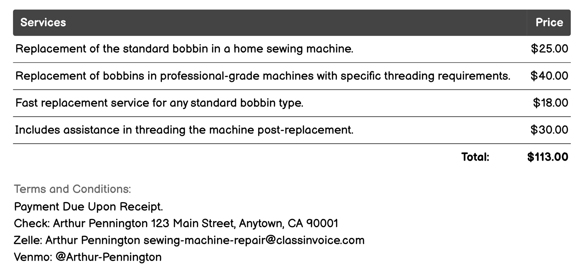 Bobbin Replacement Invoice Example