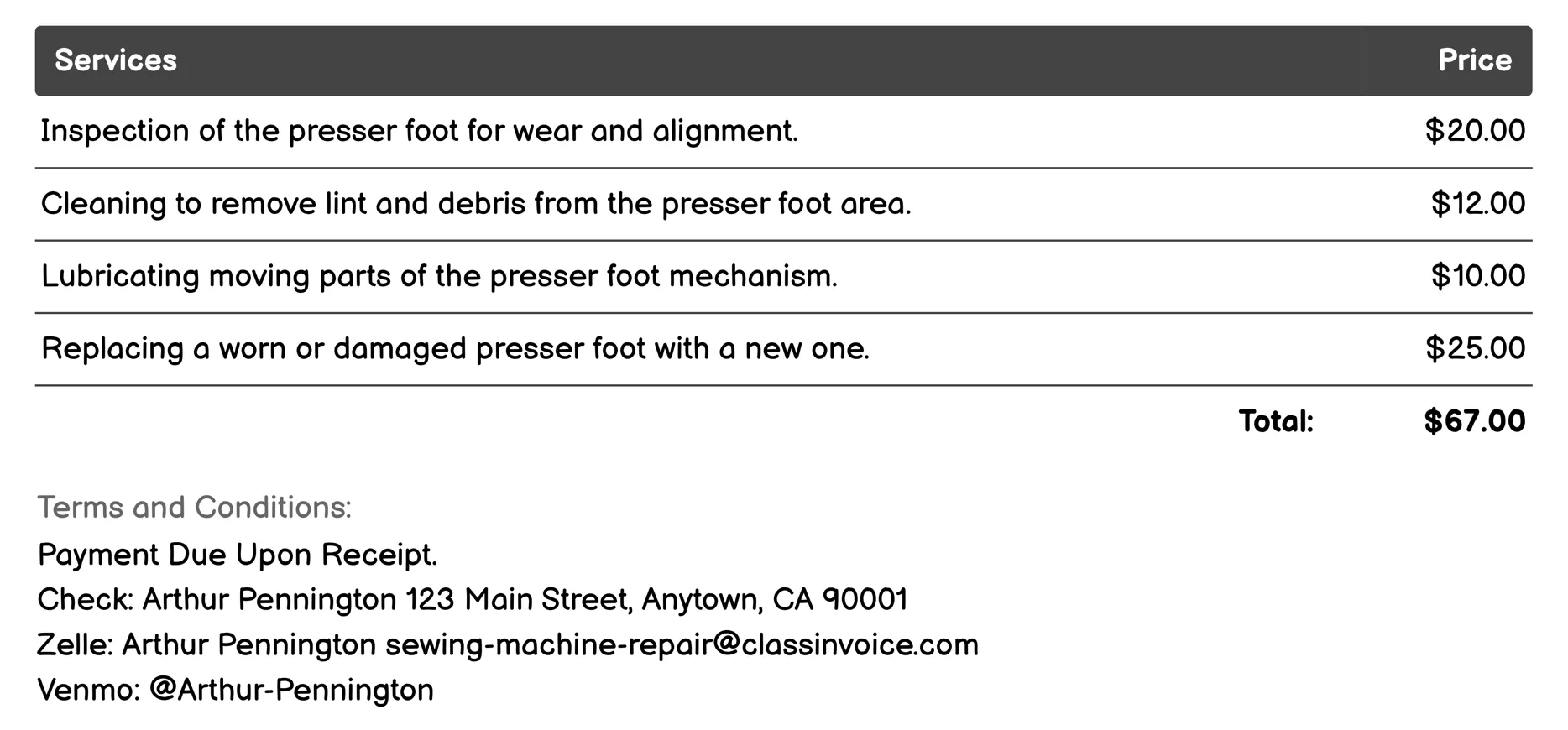 Presser Foot Service Invoice Example