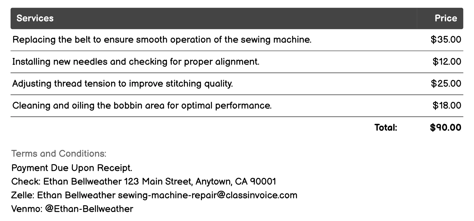 Routine Maintenance Invoice Example