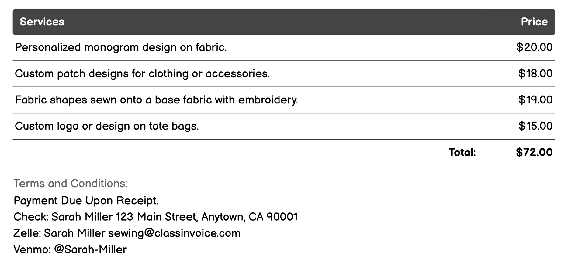 Embroidery Services Invoice Example