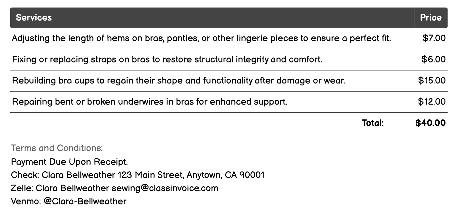 Lingerie Mending Invoice Example