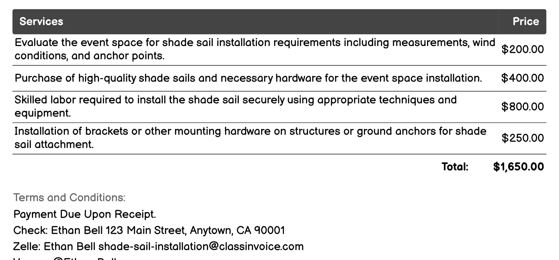 Event Space Shade Sail Installation Invoice Example
