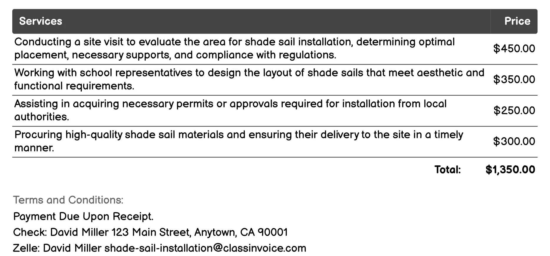 Schools and Educational Institutions Shade Sail Installation Invoice Example