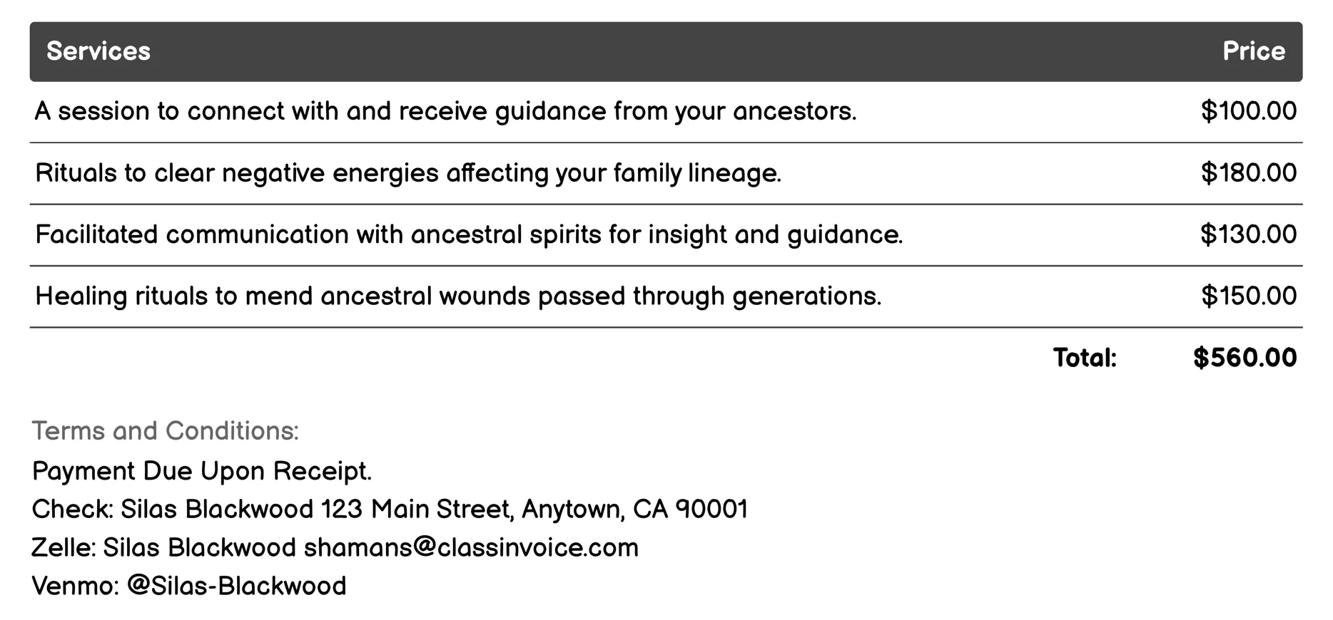 Ancestral Connection Invoice Example