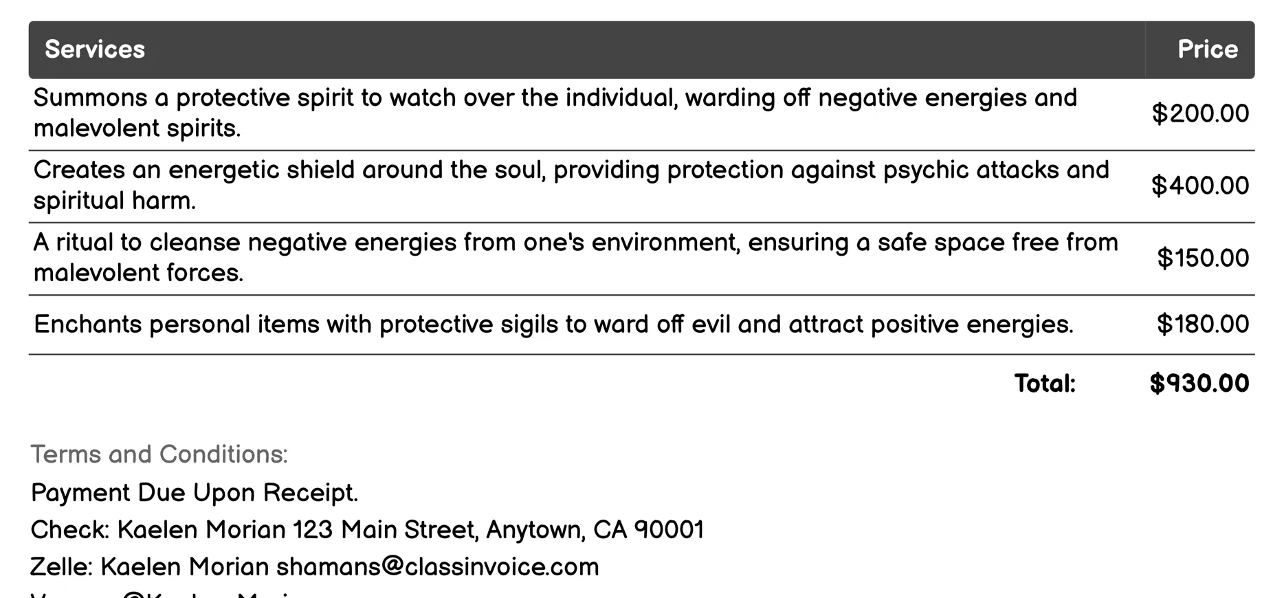 Protection Spells Invoice Example