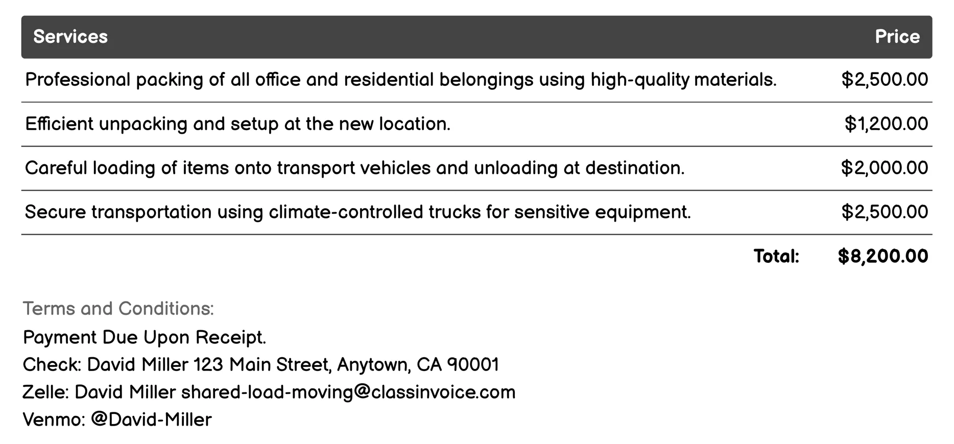 Corporate Relocation Invoice Example