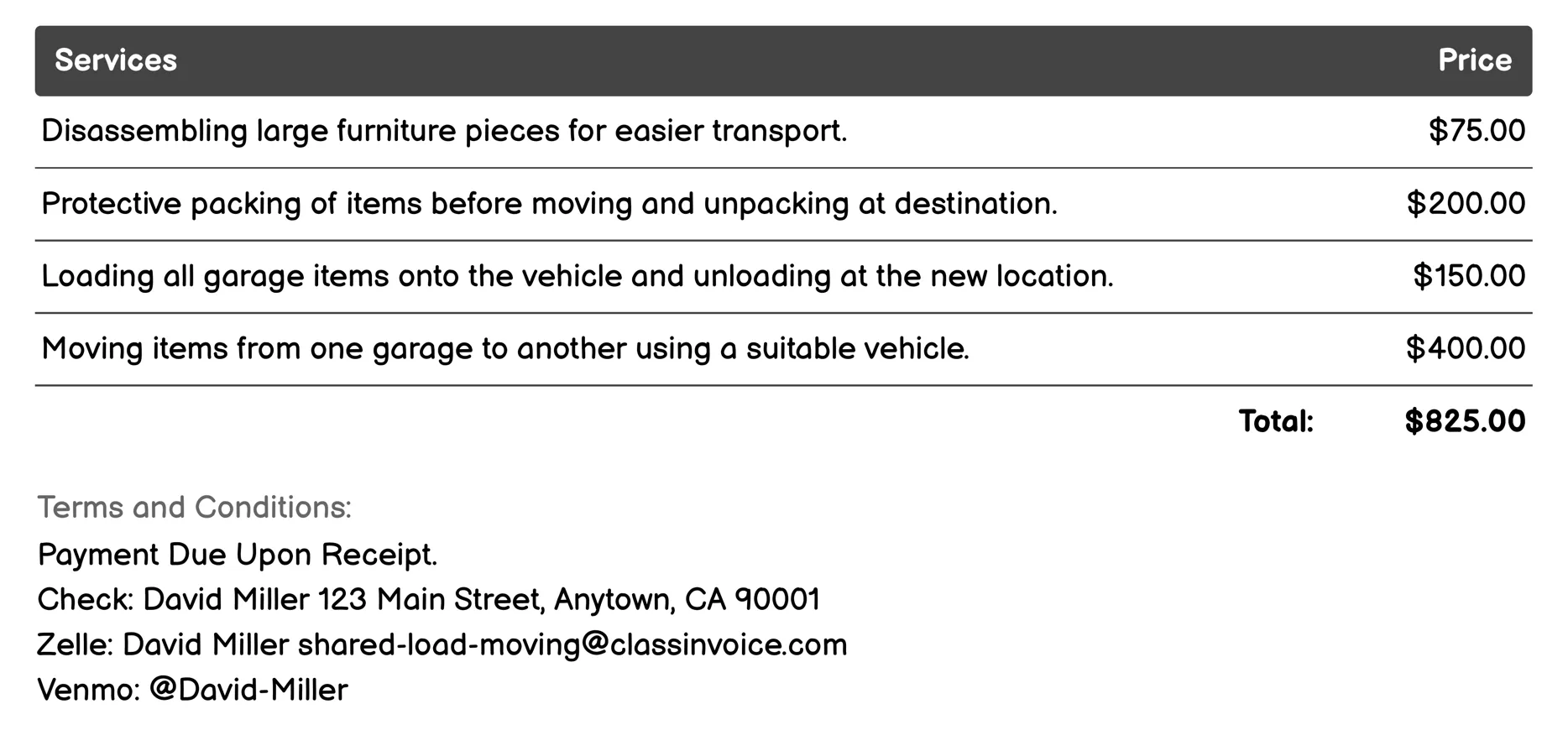 Garage Move Invoice Example