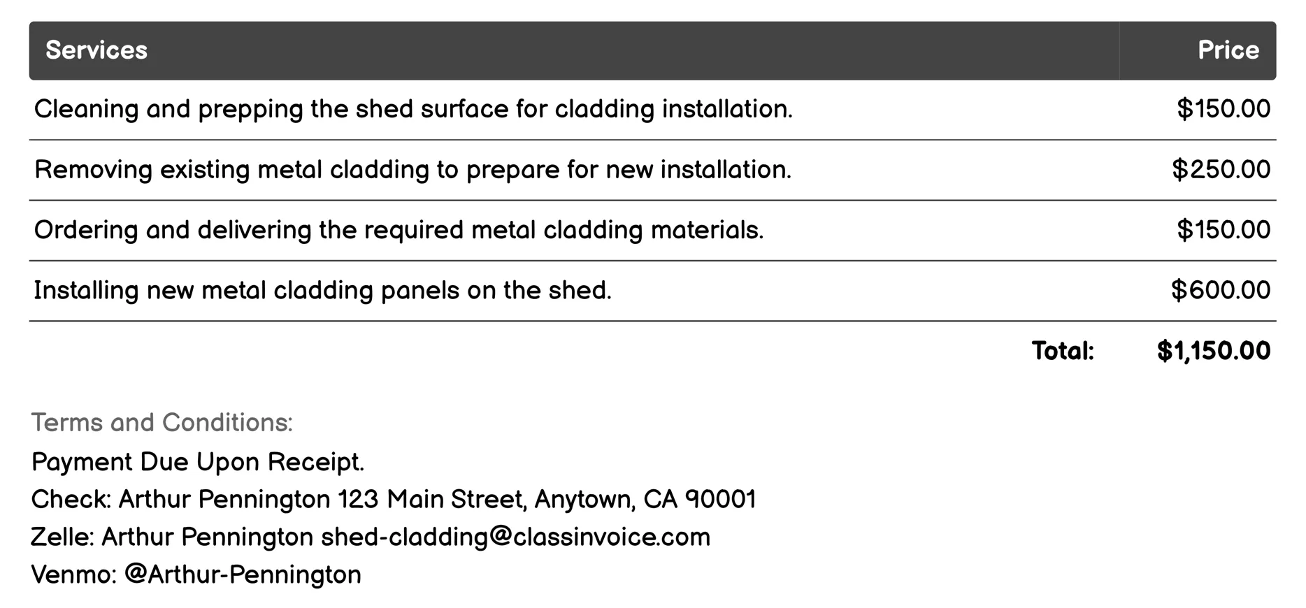 Metal Cladding Invoice Example