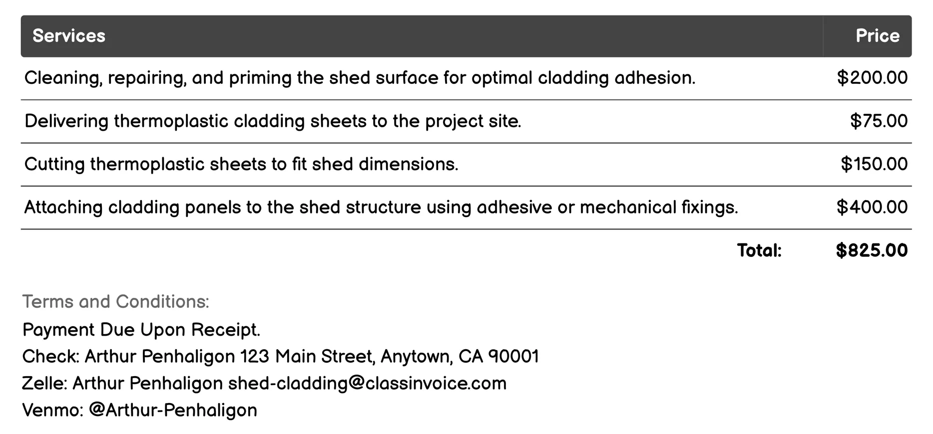 Thermoplastic Cladding Invoice Example