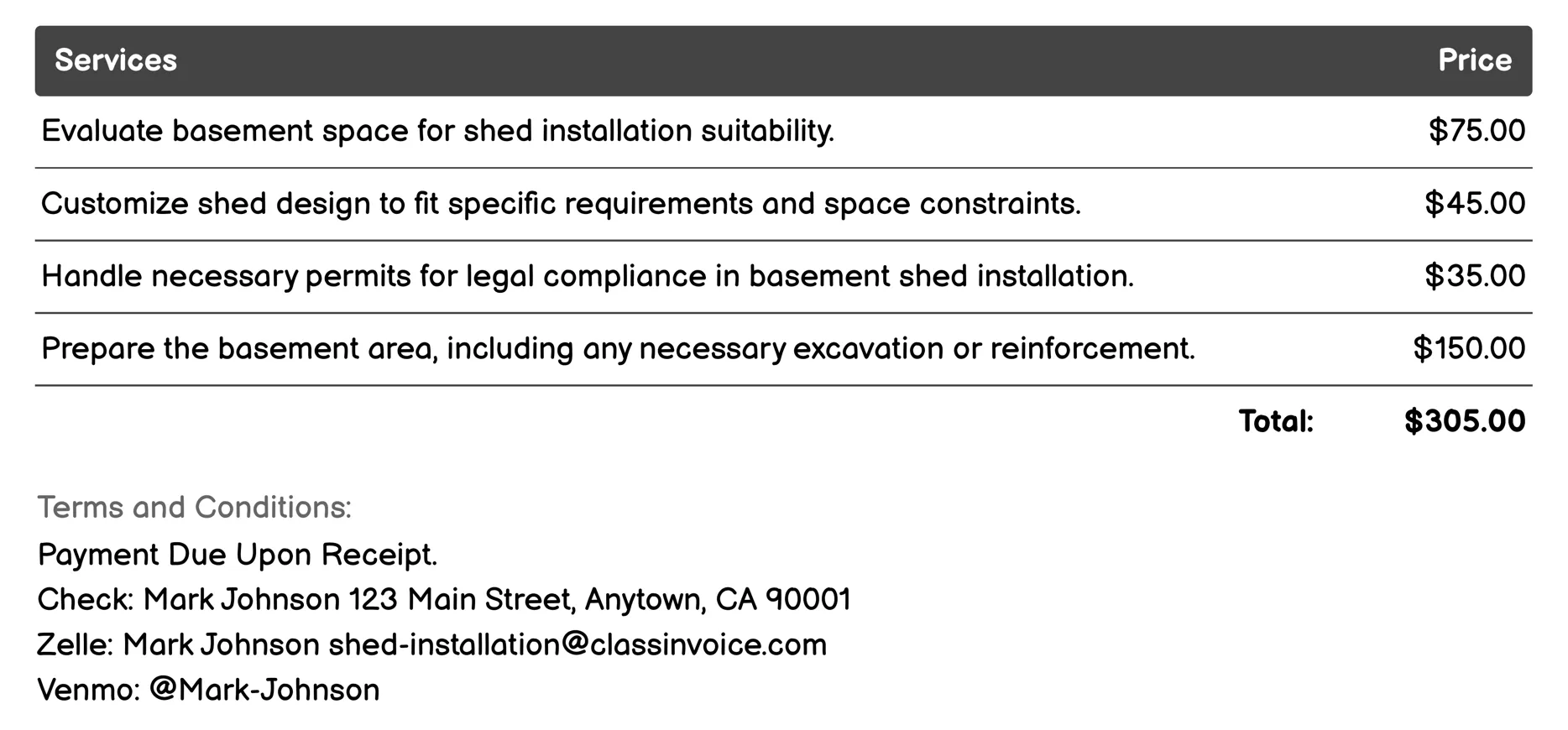 Basement Shed Installation Invoice Example