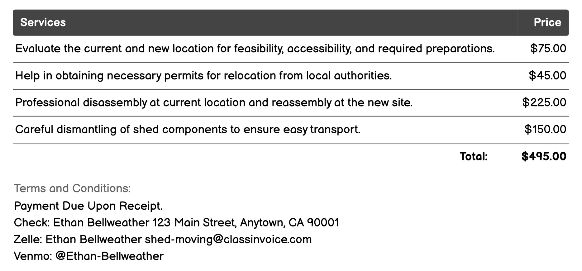 Shed Relocation Planning Invoice Example